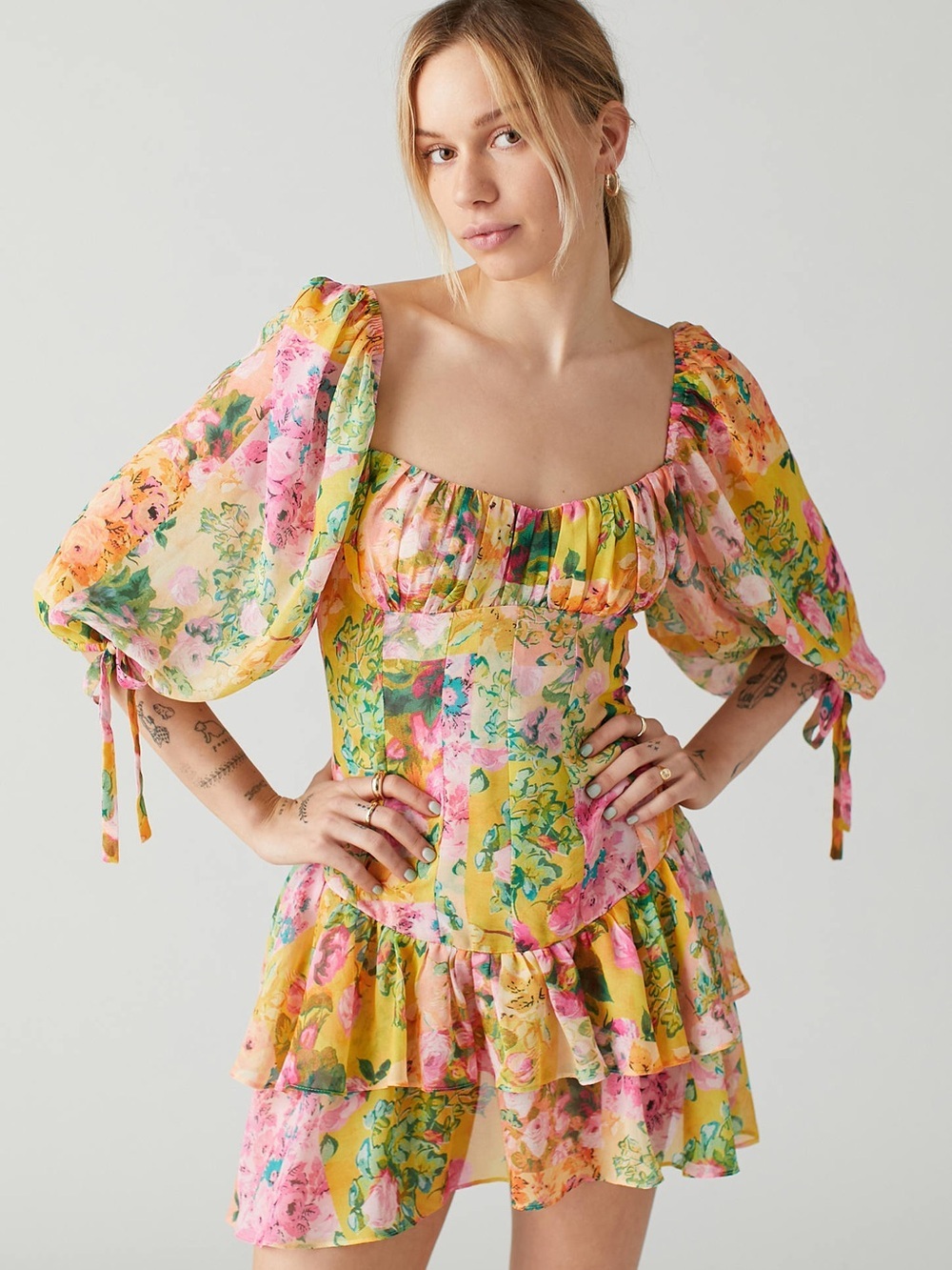 For Love & Lemons Nina Floral Dropped-Waist Mini Dress